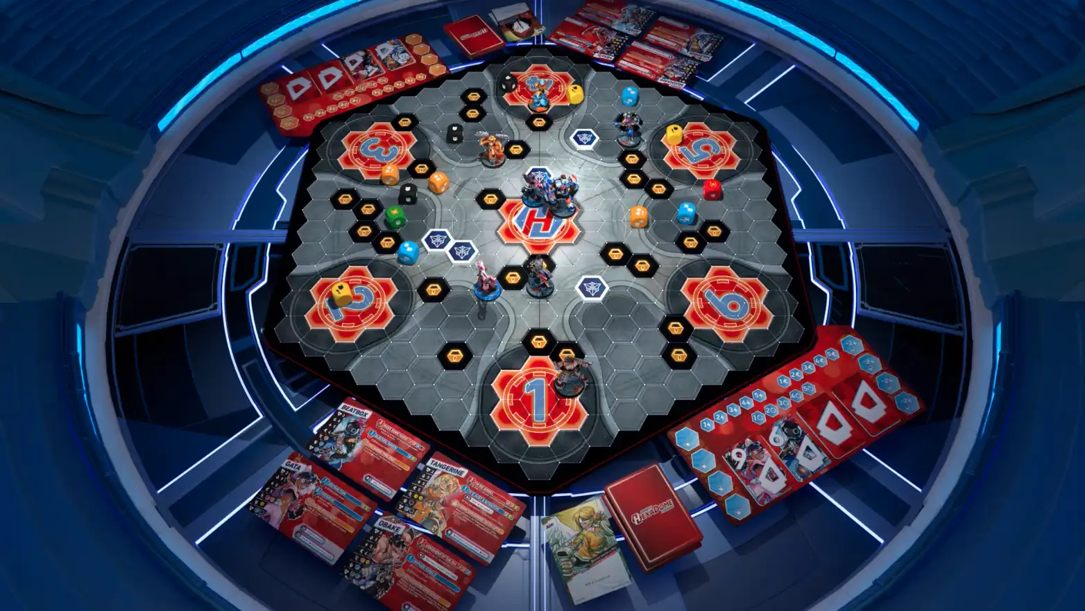 Hexadome Legends board game overview with board, cards and miniatures