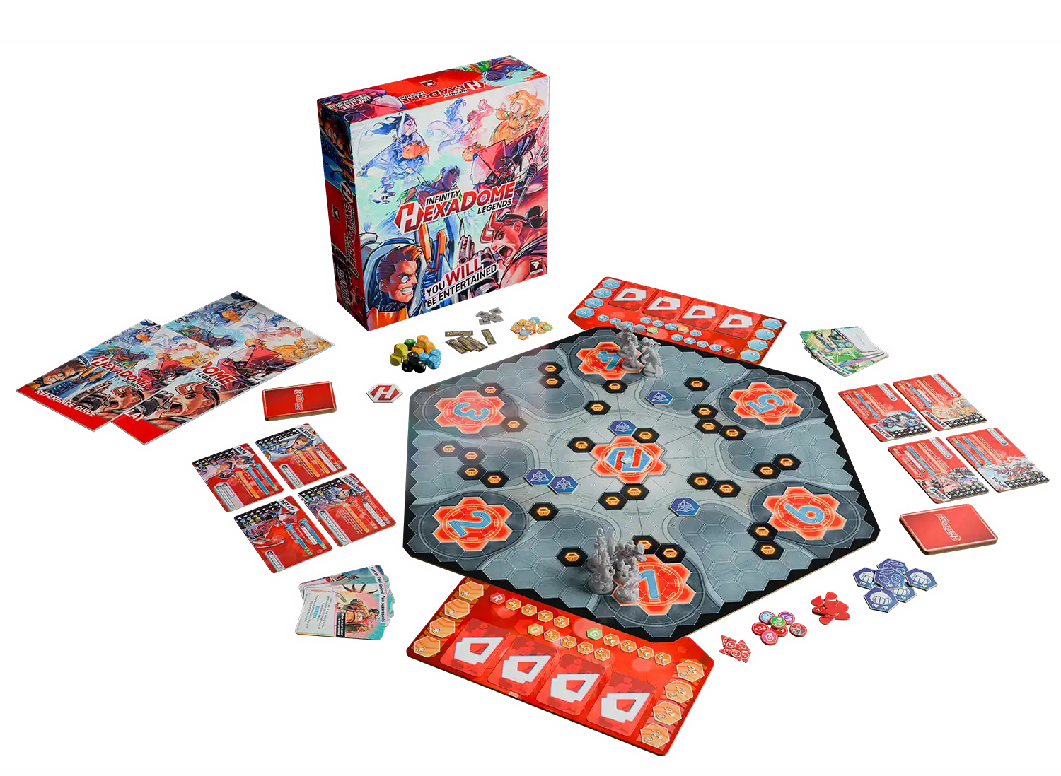 Hexadome Legends board game overview with board, cards and miniatures