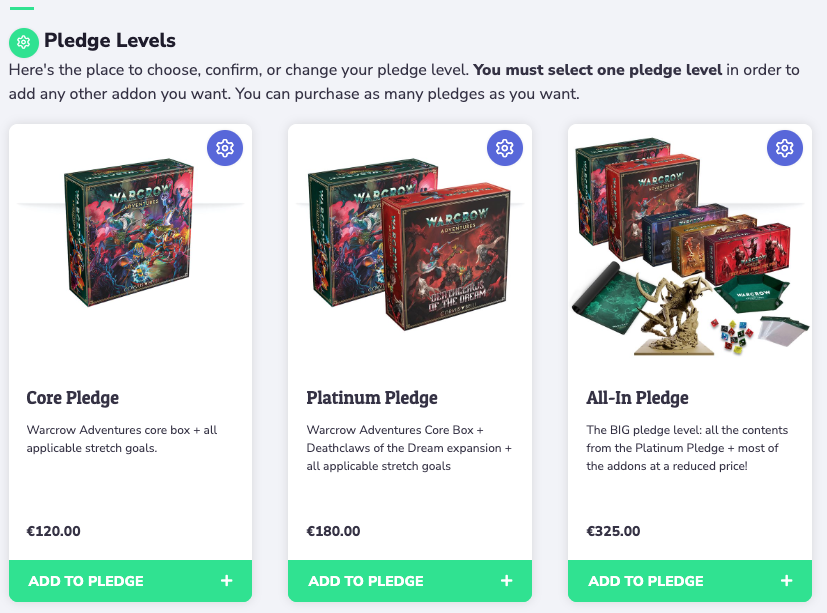 Plege levels - Warcrow Adventures Pledge Manager
